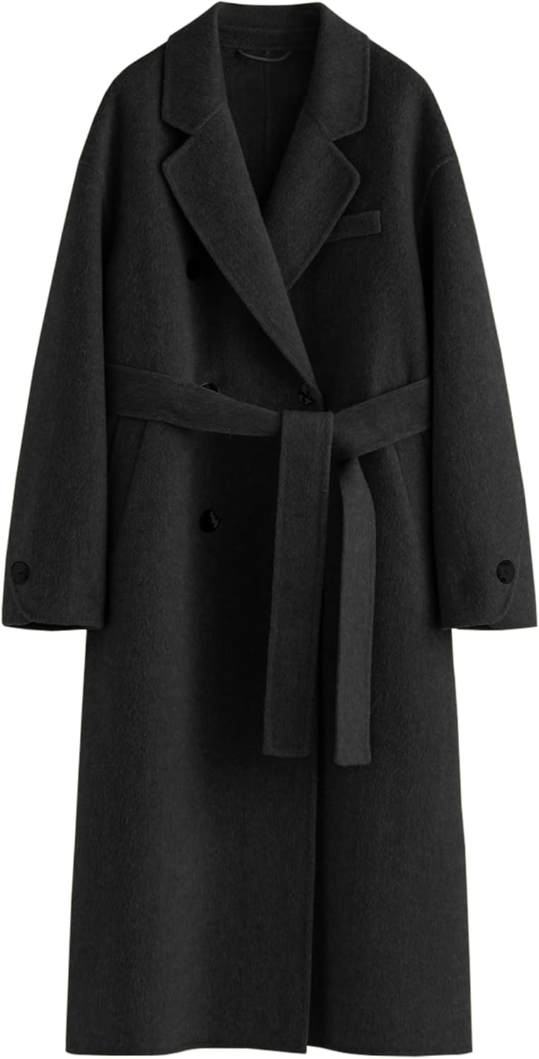 Women's Pea Coats Fall Long Trench Coat Double Breasted Button Down Lapel Belted Peacoat
