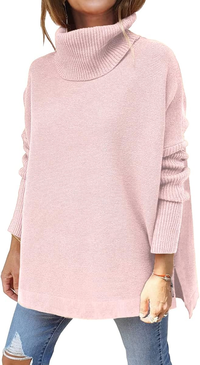 Women's Turtleneck Oversized Sweaters Long Batwing Sleeve Spilt Hem Tunic Pullover Knit Tops