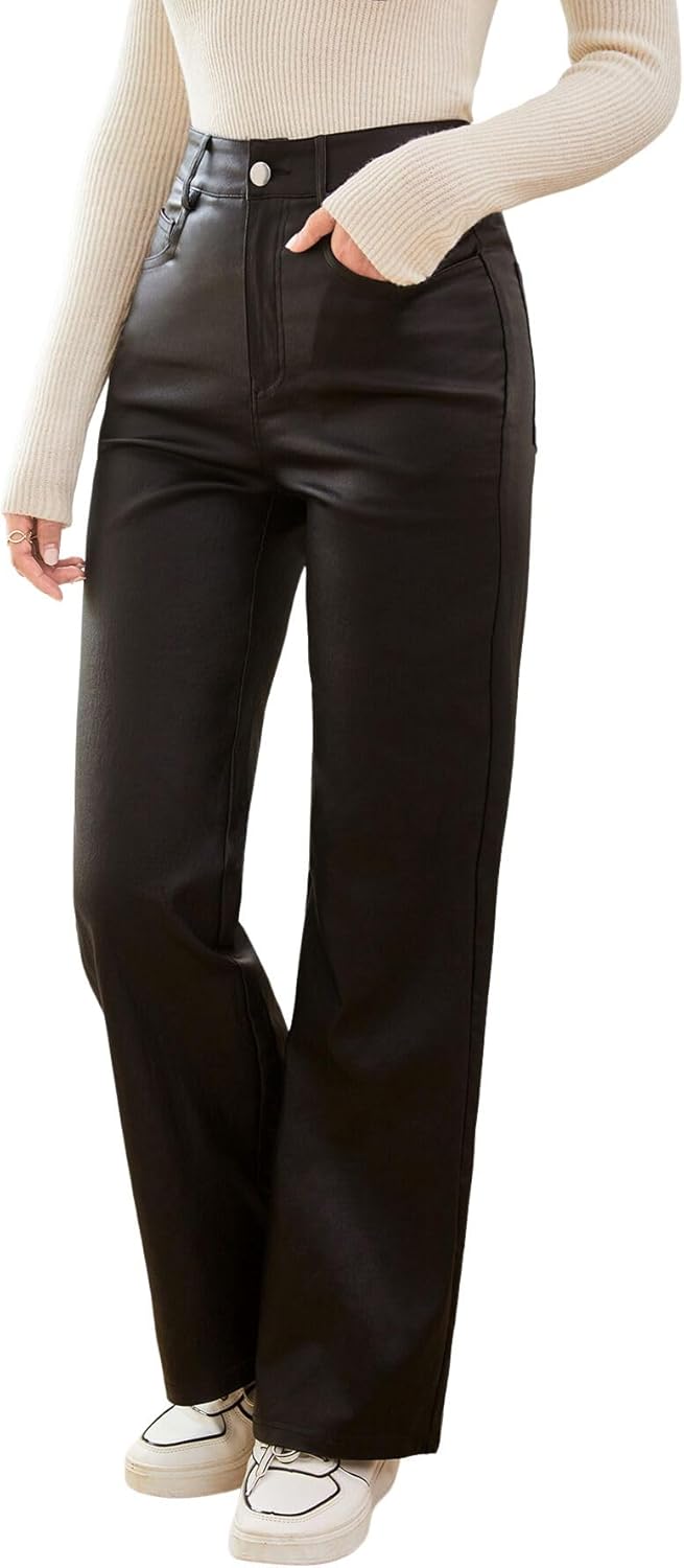 Women's High Waist Leather Leggings Pocket Straight Wide Leg Pants