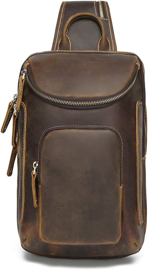 Vintage Full Grain Leather Sling Bag Crossbody Chest Daypack - Image 2
