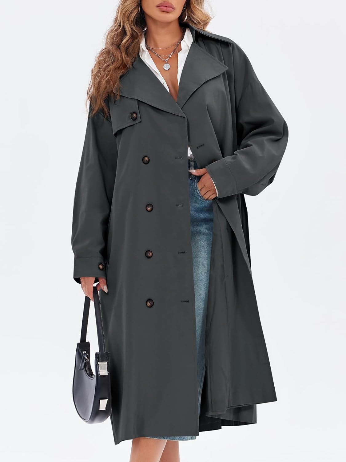 Women's Double Breasted Long Trench Coat Oversized Classic Lapel Belted Overcoat - Image 2