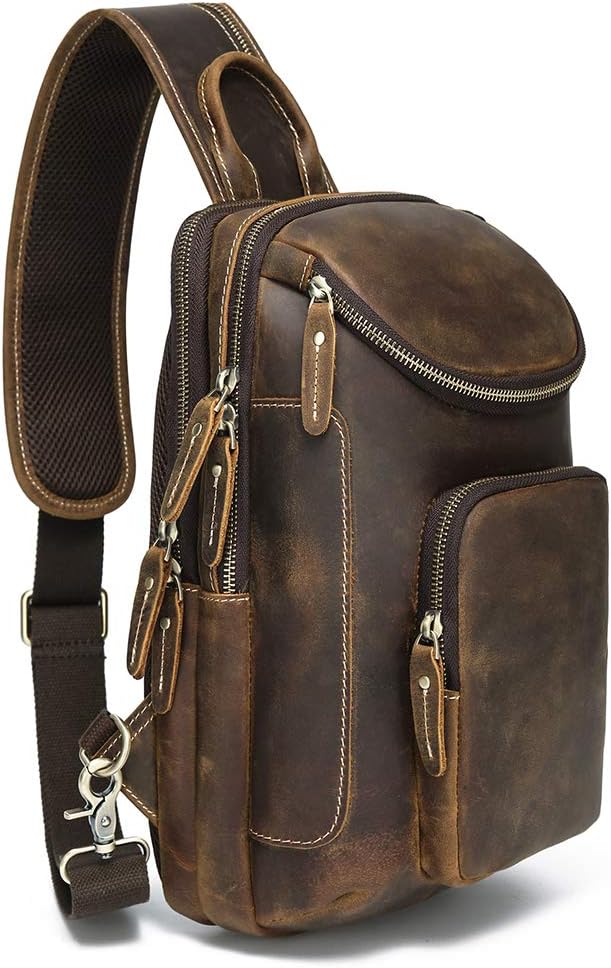 Vintage Full Grain Leather Sling Bag Crossbody Chest Daypack