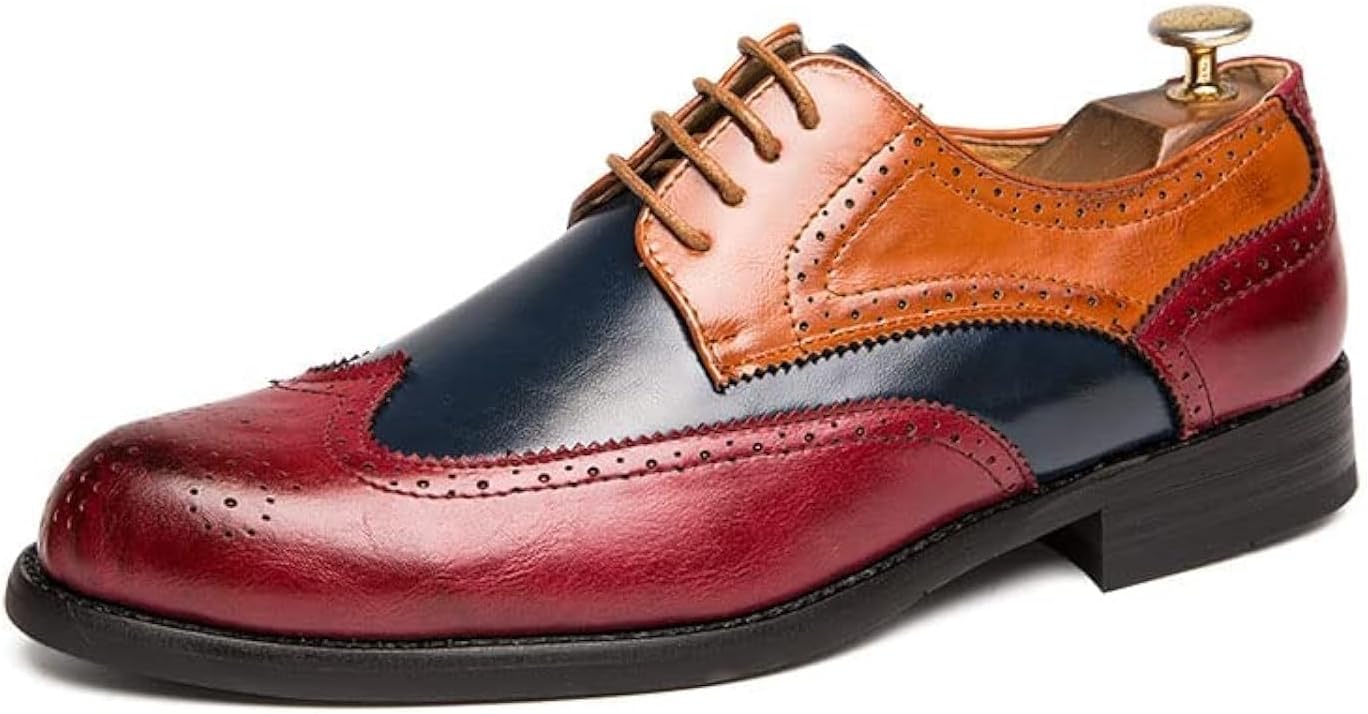 Men Oxford Dress Shoes Multicolor Brogues Wing Tips Lace Up Patchwork Two Tone Color Matching Punched Round Toe - Image 2